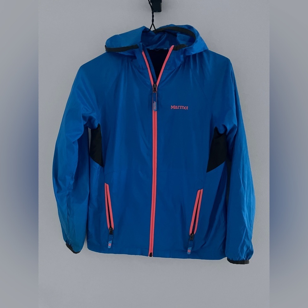 Marmot Vibrant Blue Jacket with Bold Orange Zipper kids size large